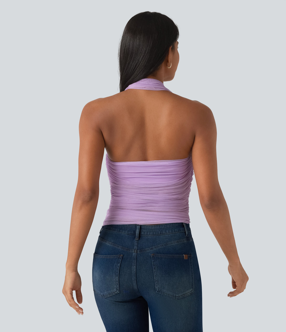 Halter Backless Ruched Mesh Overlay Built-in Bra Resort Tank Top — Milky Purple — view 2