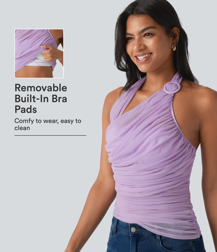 Halter Backless Ruched Mesh Overlay Built-in Bra Resort Tank Top — Milky Purple — view 1
