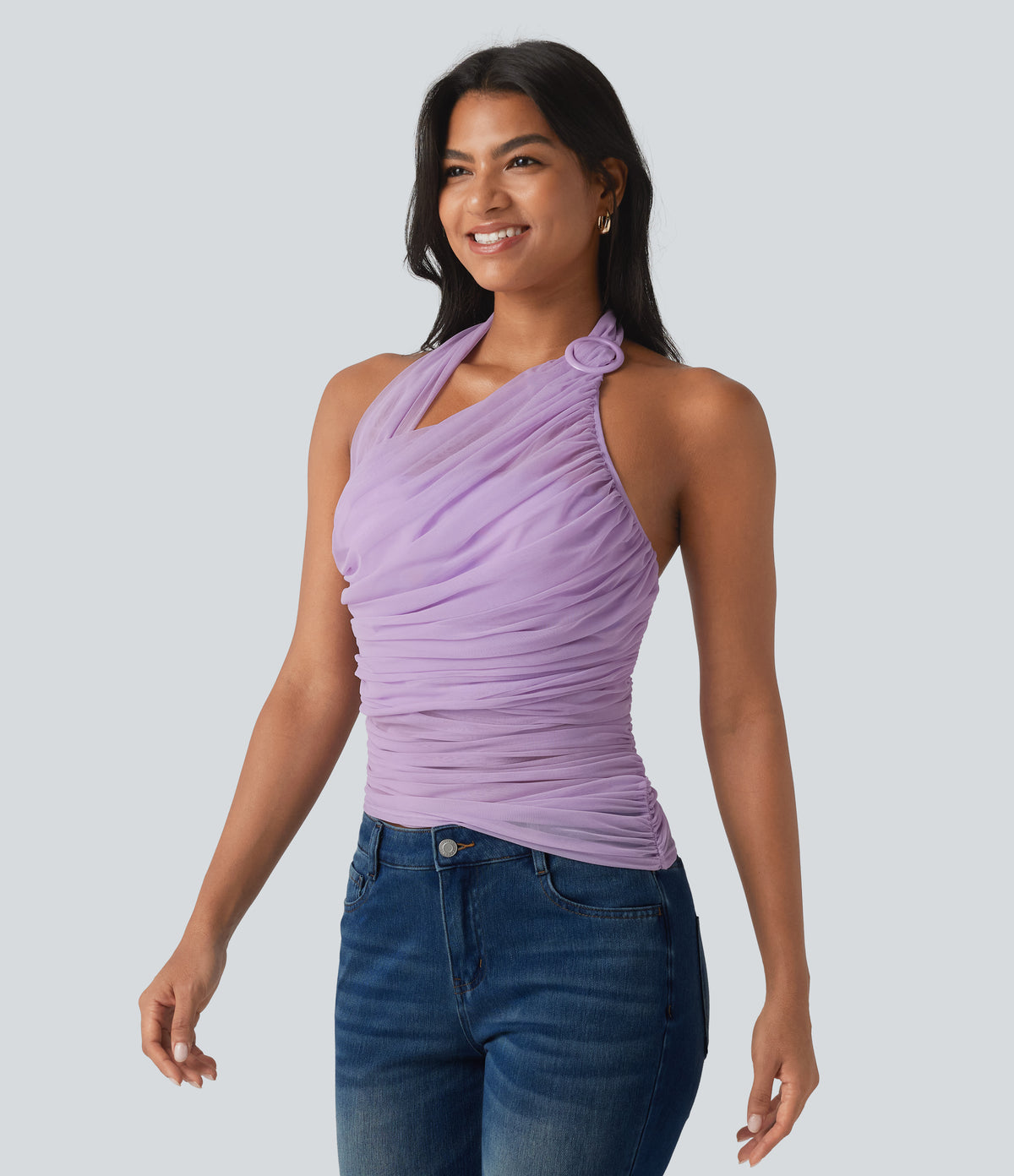 Halter Backless Ruched Mesh Overlay Built-in Bra Resort Tank Top — Milky Purple — view 4