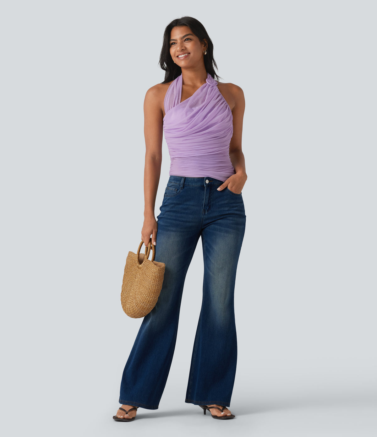Halter Backless Ruched Mesh Overlay Built-in Bra Resort Tank Top — Milky Purple — view 6