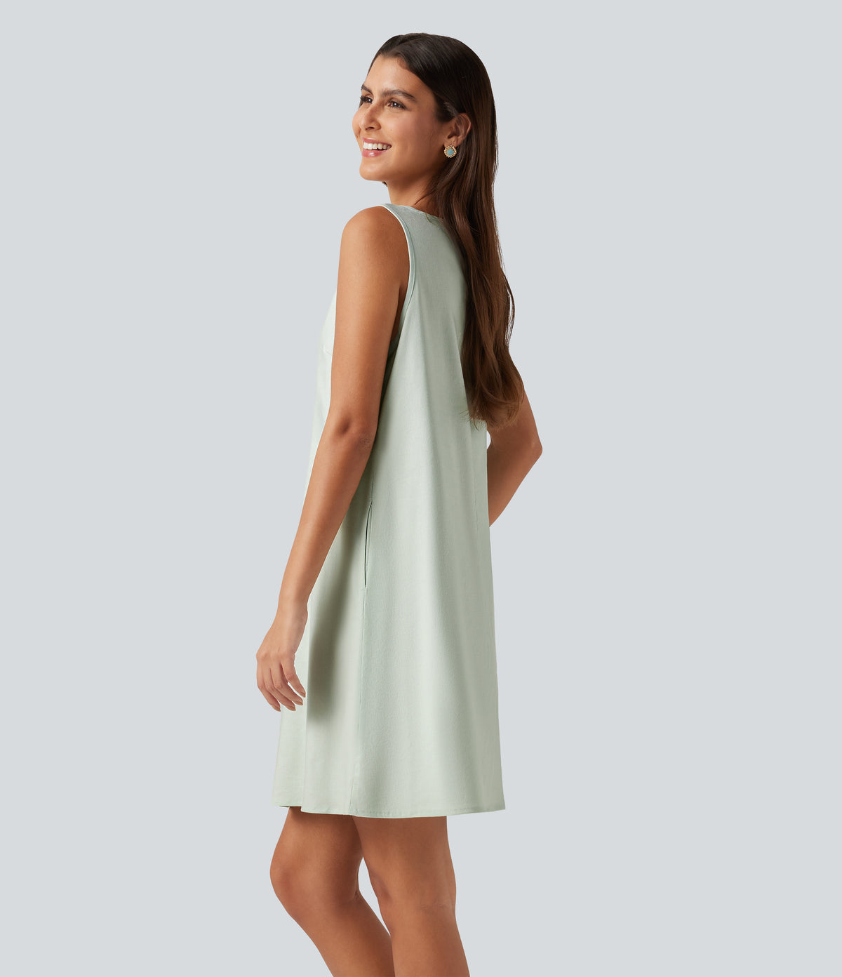 Round Neck Sleeveless Cotton Linen Mini Casual Dress with Pockets — Pale Aqua — view 3