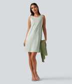 Round Neck Sleeveless Cotton Linen Mini Casual Dress with Pockets — Pale Aqua — view 6