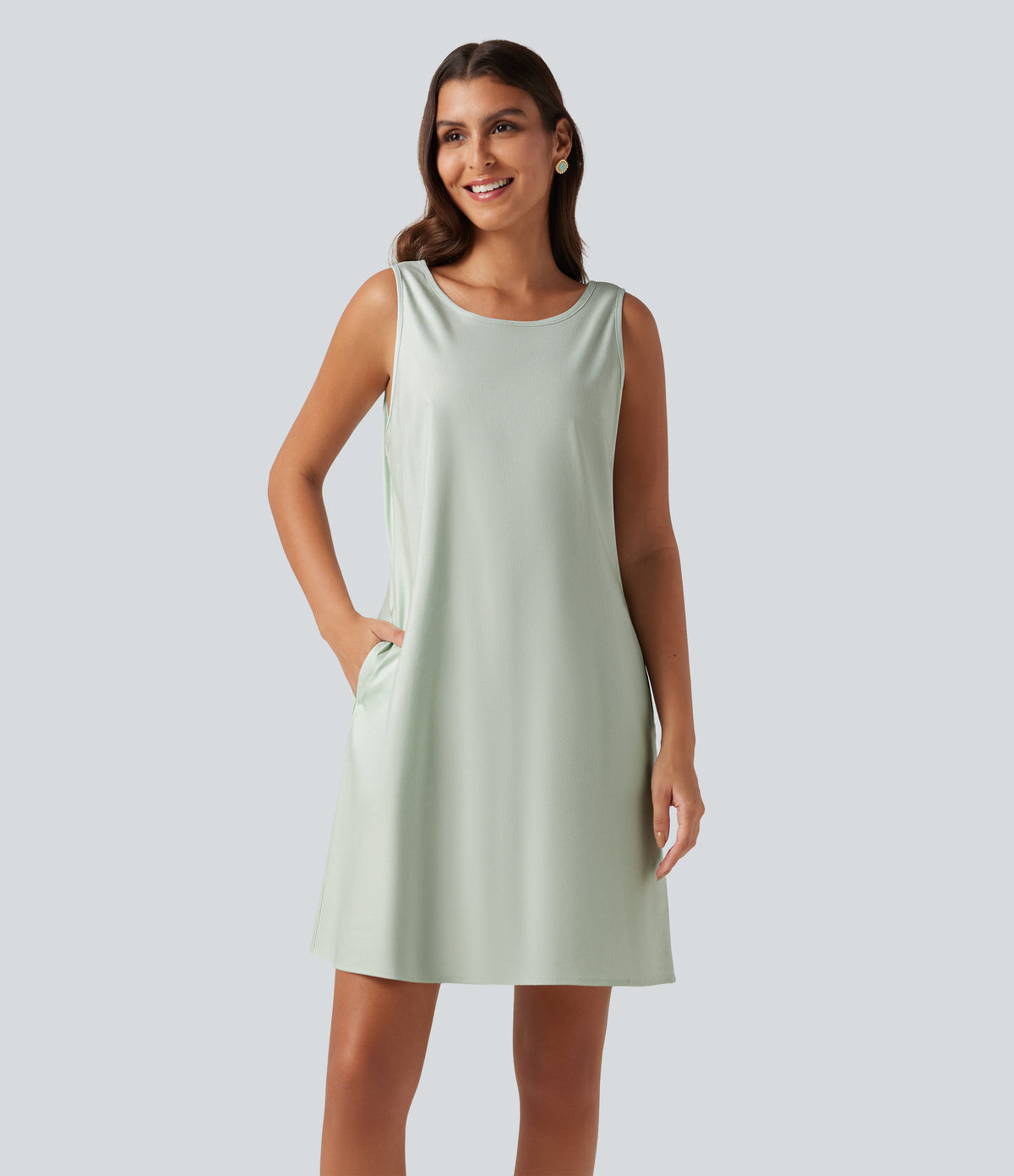 Round Neck Sleeveless Cotton Linen Mini Casual Dress with Pockets — Pale Aqua — view 2