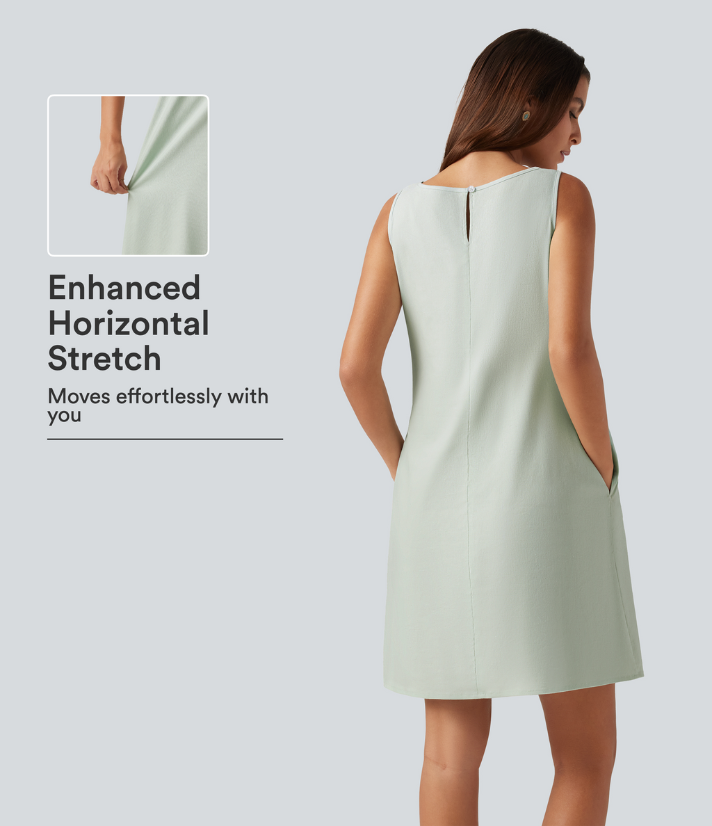 Round Neck Sleeveless Cotton Linen Mini Casual Dress with Pockets — Pale Aqua — view 1