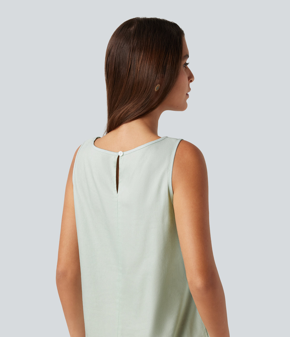 Round Neck Sleeveless Cotton Linen Mini Casual Dress with Pockets — Pale Aqua — view 4