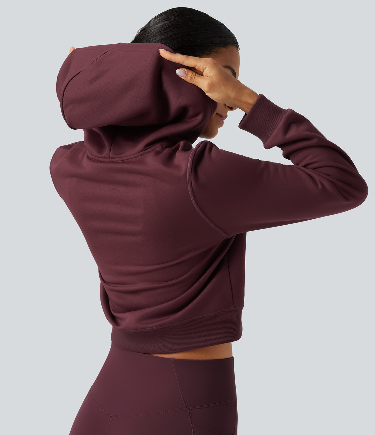Hooded Long Sleeve Fleece Workout Sweatshirt with Pockets — Chocolate Truffle — view 4