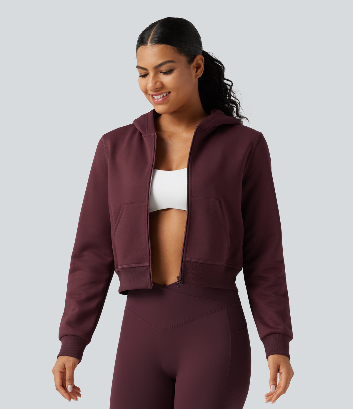 Hooded Long Sleeve Fleece Workout Sweatshirt with Pockets — Chocolate Truffle — view 3
