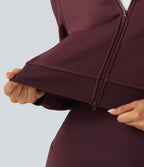 Hooded Long Sleeve Fleece Workout Sweatshirt with Pockets — Chocolate Truffle — view 6