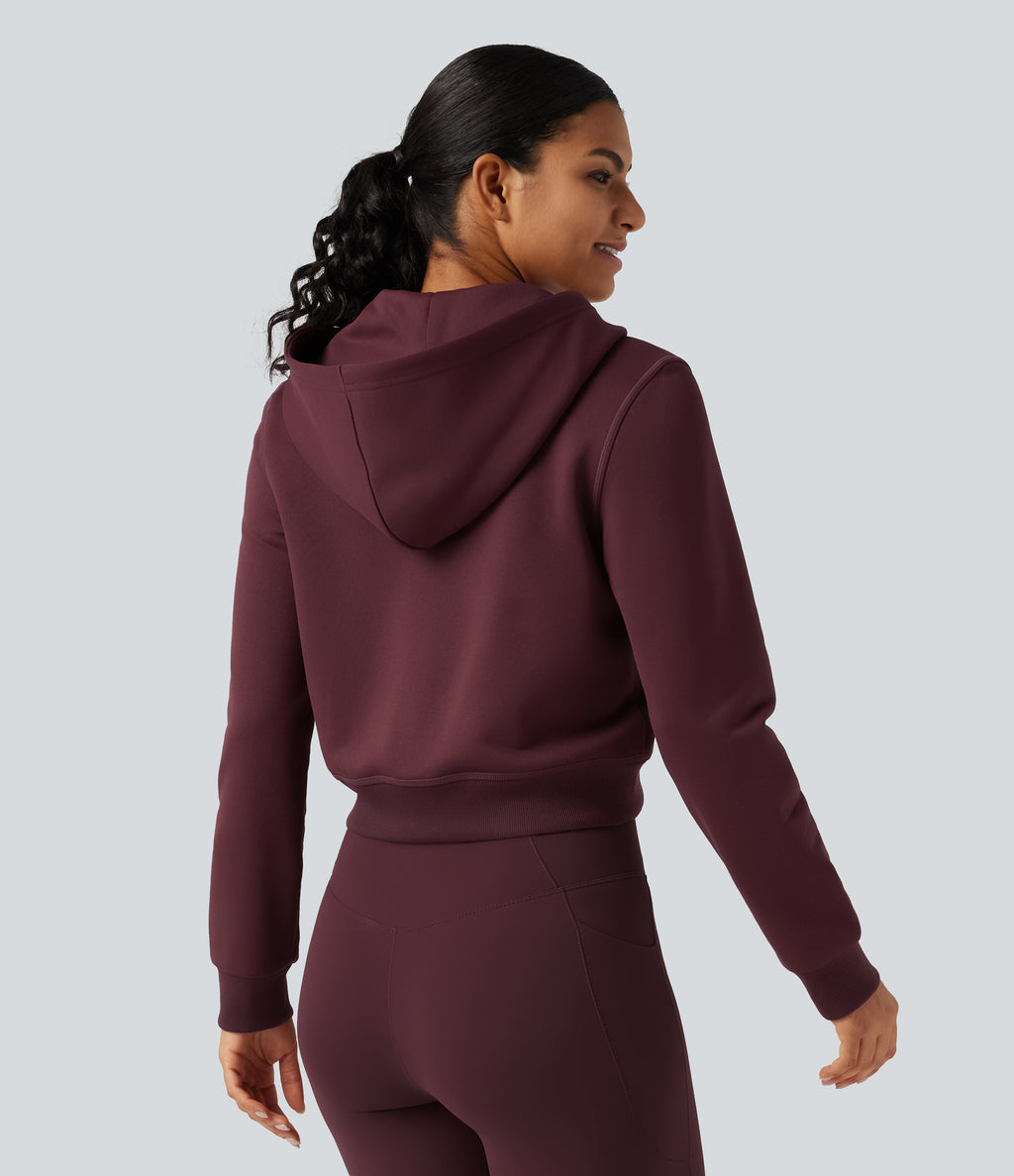 Hooded Long Sleeve Fleece Workout Sweatshirt with Pockets — Chocolate Truffle — view 2