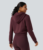 Hooded Long Sleeve Fleece Workout Sweatshirt with Pockets — Chocolate Truffle — view 2