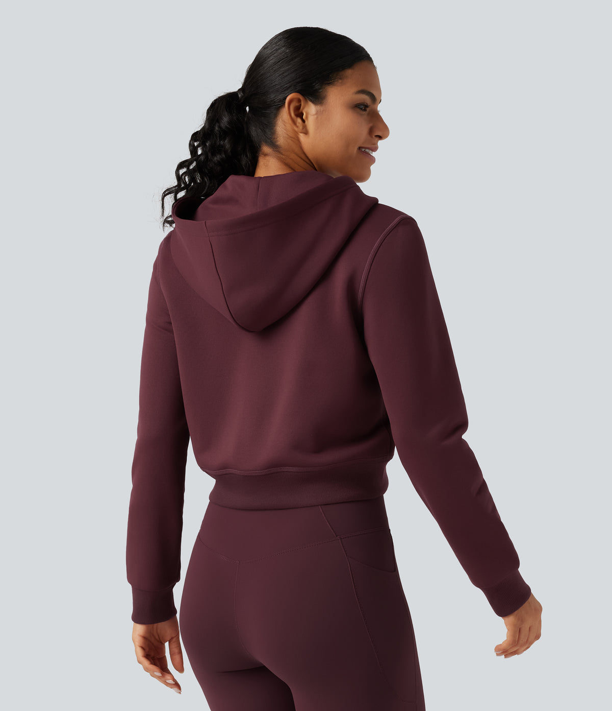 Hooded Long Sleeve Fleece Workout Sweatshirt with Pockets — Chocolate Truffle — view 2