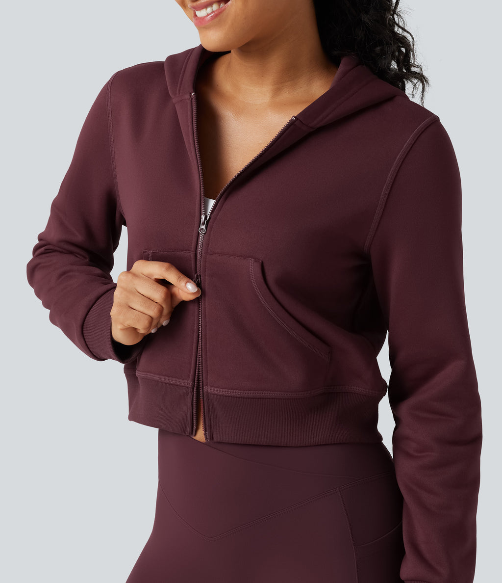 Hooded Long Sleeve Fleece Workout Sweatshirt with Pockets — Chocolate Truffle — view 5