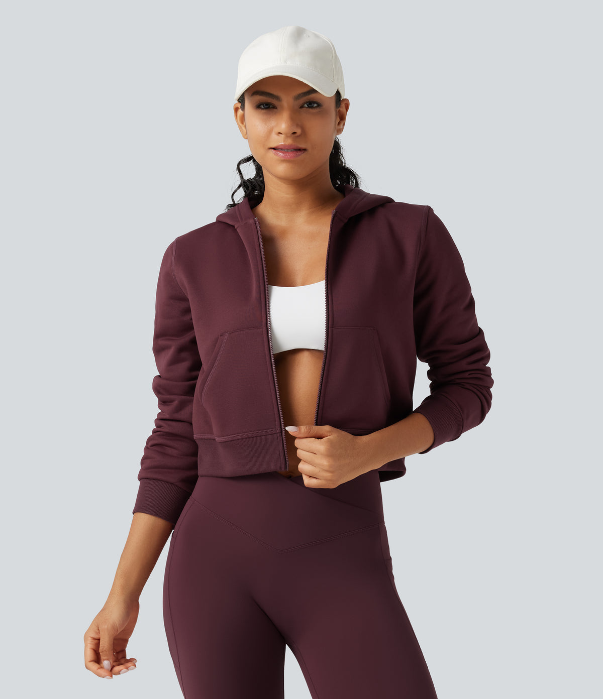Hooded Long Sleeve Fleece Workout Sweatshirt with Pockets — Chocolate Truffle — view 1