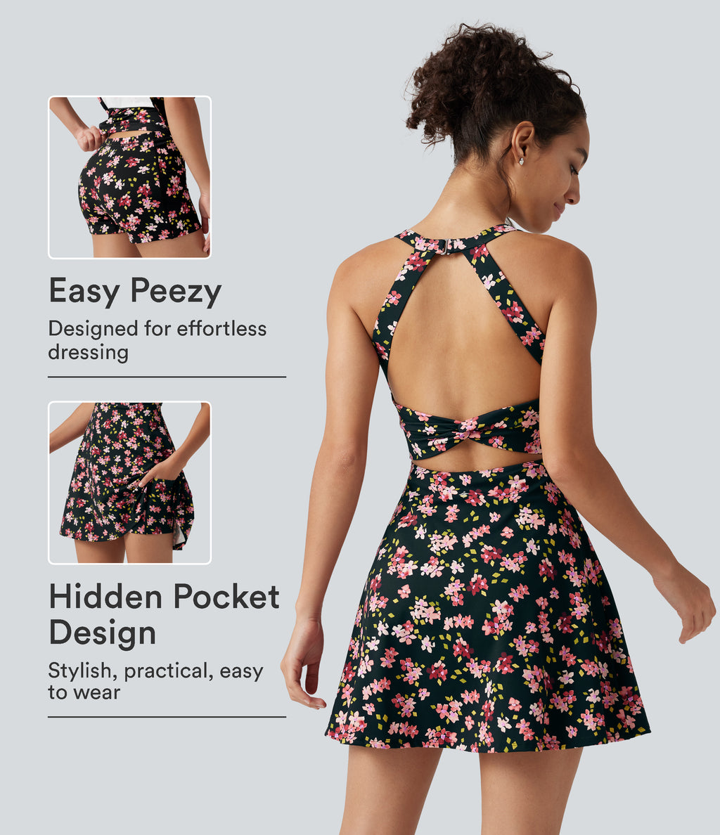 Built-in Bra 2-in-1 Ditsy Floral Mini Dance Active Dress with Pockets-Edition — Tropic Petals — view 1