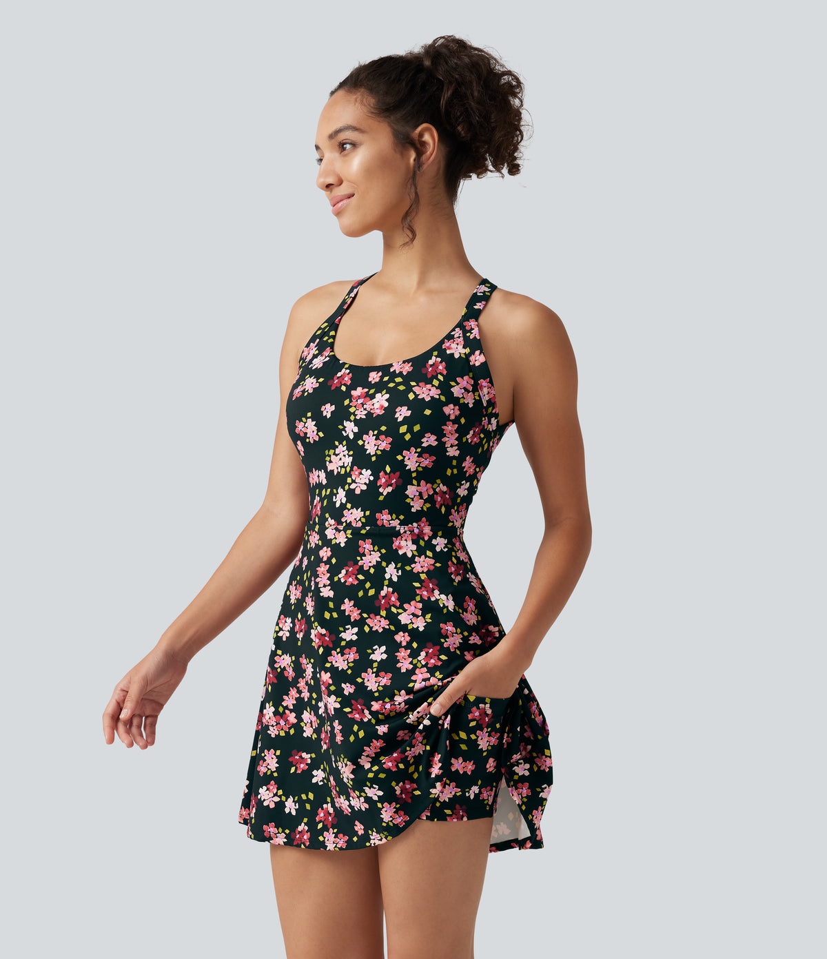 Built-in Bra 2-in-1 Ditsy Floral Mini Dance Active Dress with Pockets-Edition — Tropic Petals — view 4