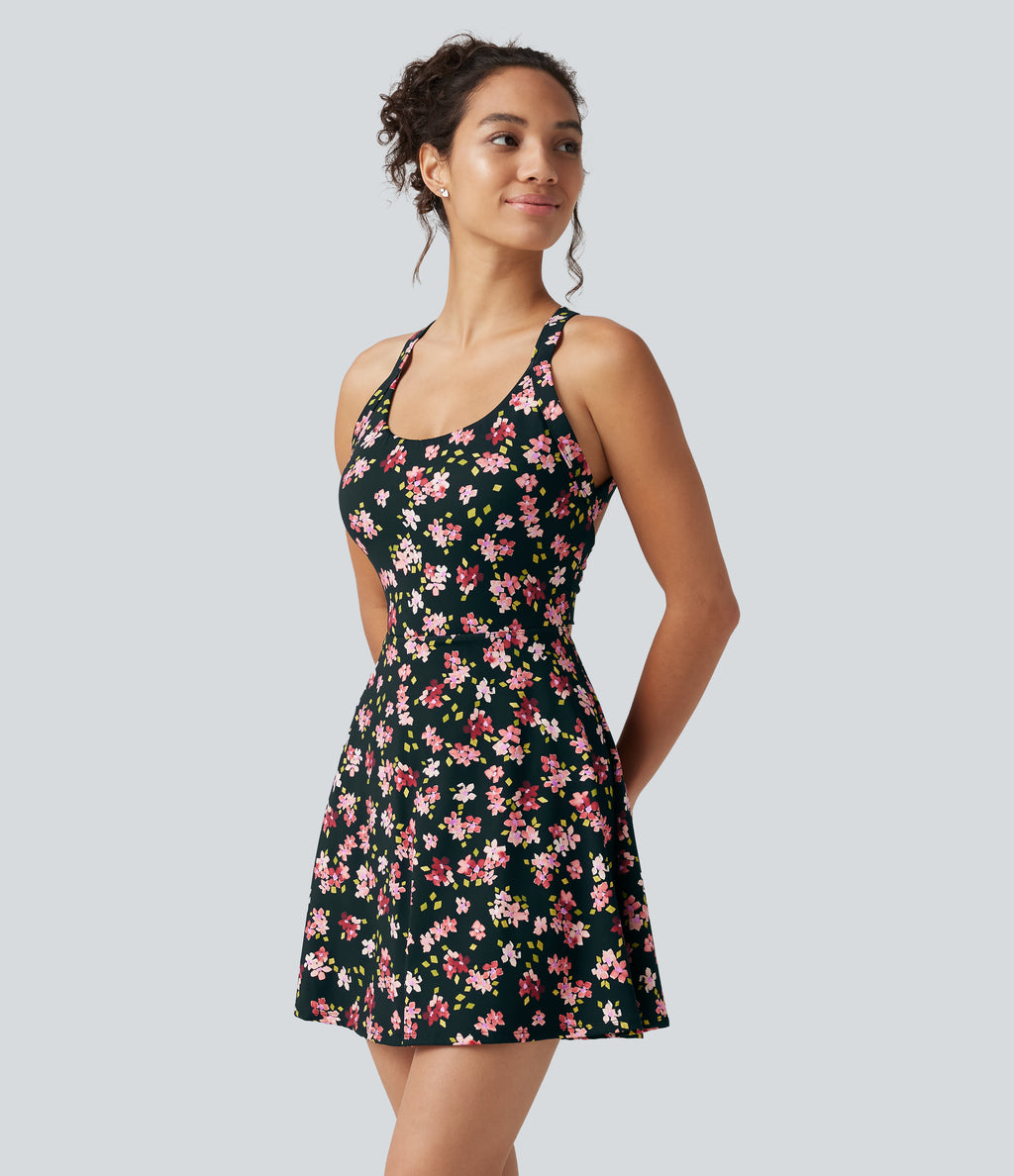 Built-in Bra 2-in-1 Ditsy Floral Mini Dance Active Dress with Pockets-Edition — Tropic Petals — view 3