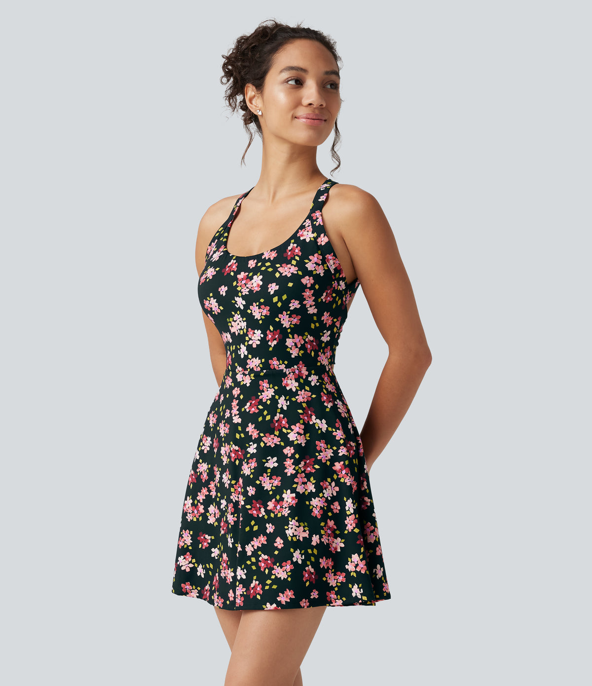 Built-in Bra 2-in-1 Ditsy Floral Mini Dance Active Dress with Pockets-Edition — Tropic Petals — view 3