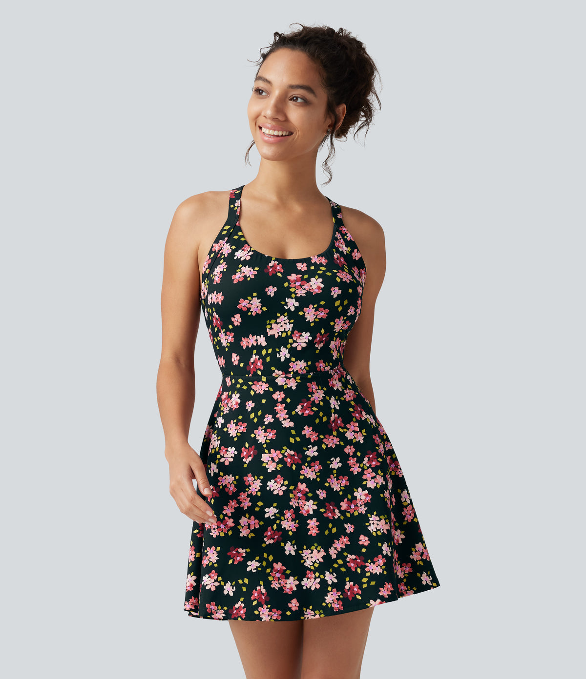 Built-in Bra 2-in-1 Ditsy Floral Mini Dance Active Dress with Pockets-Edition — Tropic Petals — view 2