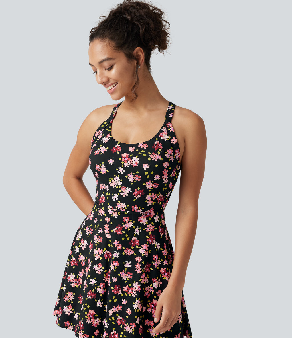 Built-in Bra 2-in-1 Ditsy Floral Mini Dance Active Dress with Pockets-Edition — Tropic Petals — view 6