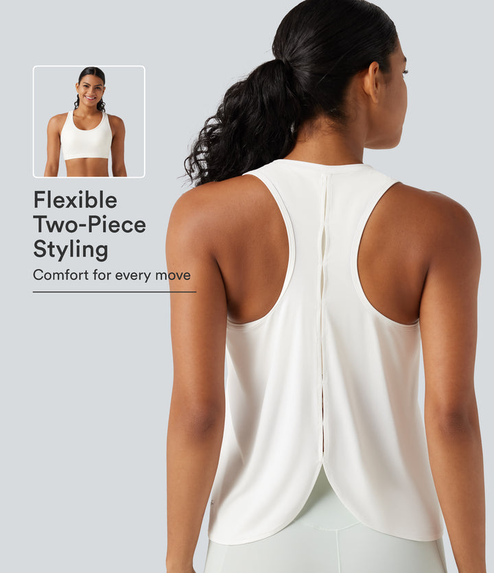 Round Neck Racerback Built-in Bra Cool Touch 2-Piece Casual Tank Top-UPF50+ — White — view 1