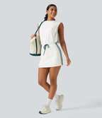 Round Neck Sleeveless Drawstring Side Stripe 2-Piece Cool Touch Mini Workout Active Dress with Pockets-UPF50+ — White — view 8