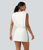 Round Neck Sleeveless Drawstring Side Stripe 2-Piece Cool Touch Mini Workout Active Dress with Pockets-UPF50+ — White — view 2