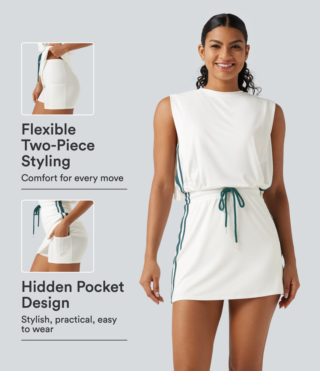 Round Neck Sleeveless Drawstring Side Stripe 2-Piece Cool Touch Mini Workout Active Dress with Pockets-UPF50+ — White — view 1