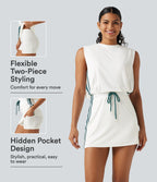 Round Neck Sleeveless Drawstring Side Stripe 2-Piece Cool Touch Mini Workout Active Dress with Pockets-UPF50+ — White — view 1