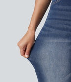 Curvy High Waisted Straight Leg Washed Casual Jeans with Pockets — Pageant Blue Denim — view 6