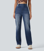 Curvy High Waisted Straight Leg Washed Casual Jeans with Pockets — Pageant Blue Denim — view 3