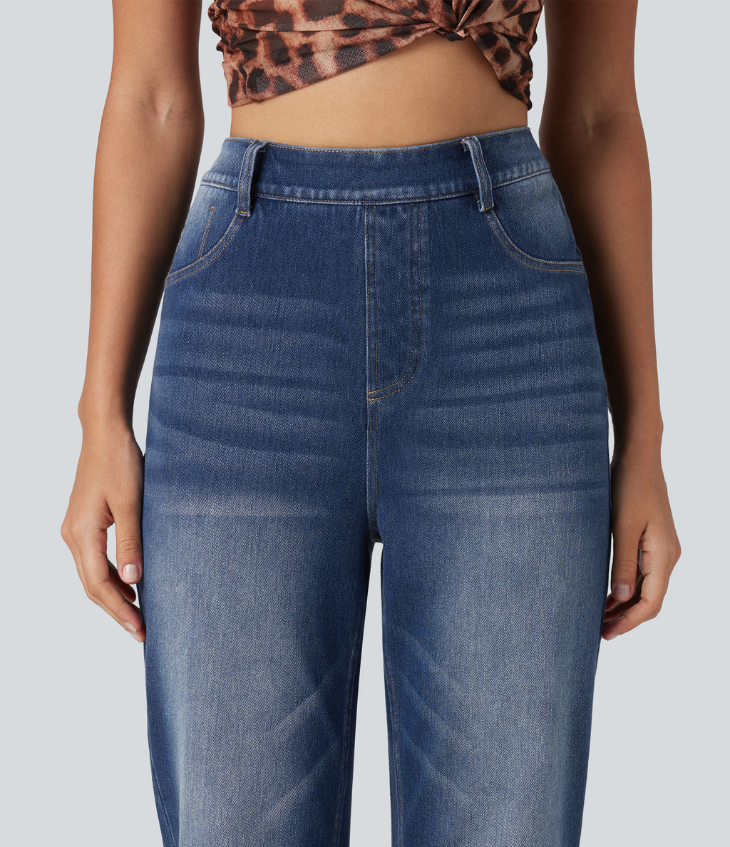 Curvy High Waisted Straight Leg Washed Casual Jeans with Pockets — Pageant Blue Denim — view 5