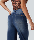 Curvy High Waisted Straight Leg Washed Casual Jeans with Pockets — Pageant Blue Denim — view 4