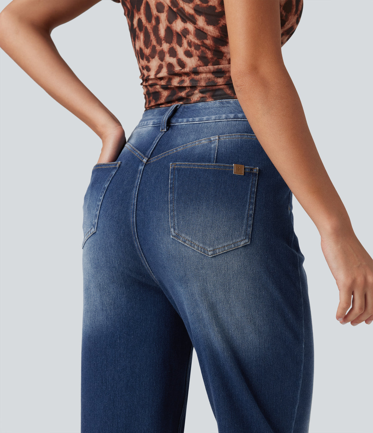 Curvy High Waisted Straight Leg Washed Casual Jeans with Pockets — Pageant Blue Denim — view 4