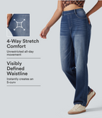 Curvy High Waisted Straight Leg Washed Casual Jeans with Pockets — Pageant Blue Denim — view 1