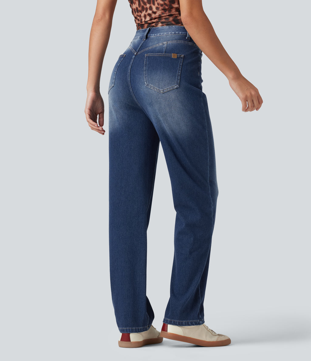 Curvy High Waisted Straight Leg Washed Casual Jeans with Pockets — Pageant Blue Denim — view 2