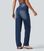 Curvy High Waisted Straight Leg Washed Casual Jeans with Pockets — Pageant Blue Denim — view 2