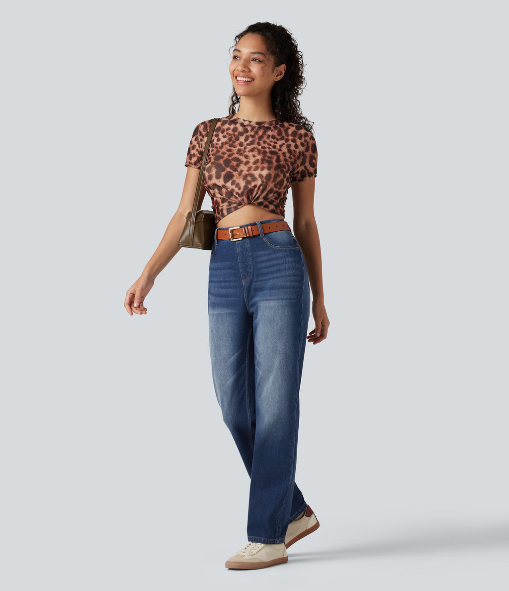 Curvy High Waisted Straight Leg Washed Casual Jeans with Pockets — Pageant Blue Denim — view 7