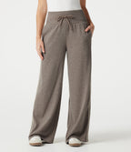 Ribbed High Waisted Tummy Control Drawstring Side Stripe Baggy Casual Trousers with Pockets — Taupe Stripe — view 3