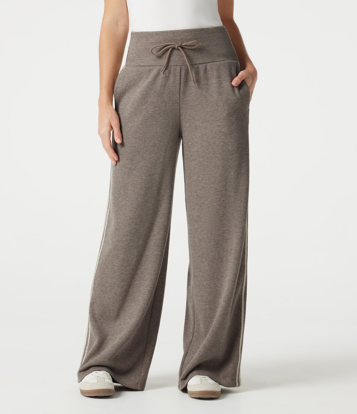 Ribbed High Waisted Tummy Control Drawstring Side Stripe Baggy Casual Trousers with Pockets — Taupe Stripe — view 3