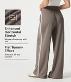 Ribbed High Waisted Tummy Control Drawstring Side Stripe Baggy Casual Trousers with Pockets — Taupe Stripe — view 1