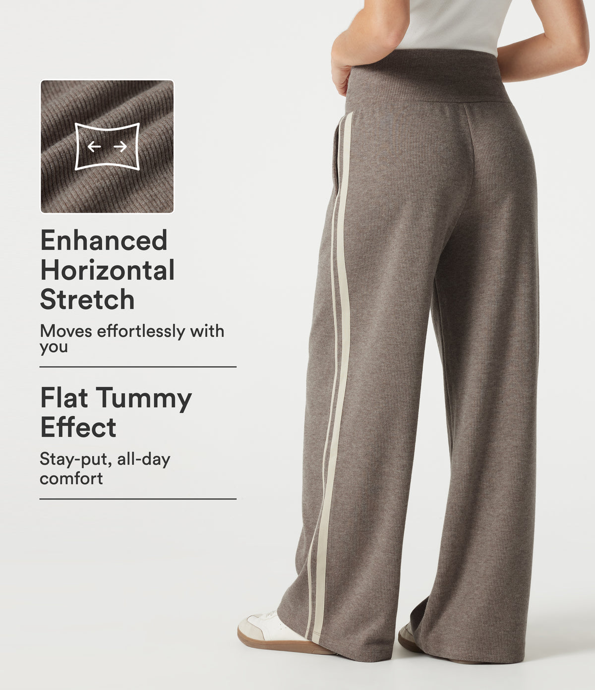 Ribbed High Waisted Tummy Control Drawstring Side Stripe Baggy Casual Trousers with Pockets — Taupe Stripe — view 1