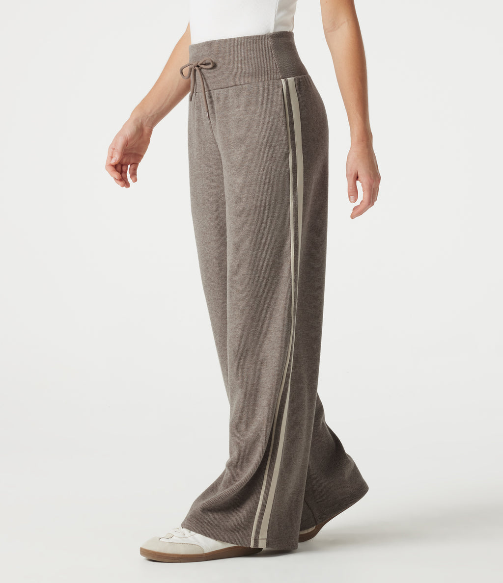 Ribbed High Waisted Tummy Control Drawstring Side Stripe Baggy Casual Trousers with Pockets — Taupe Stripe — view 2