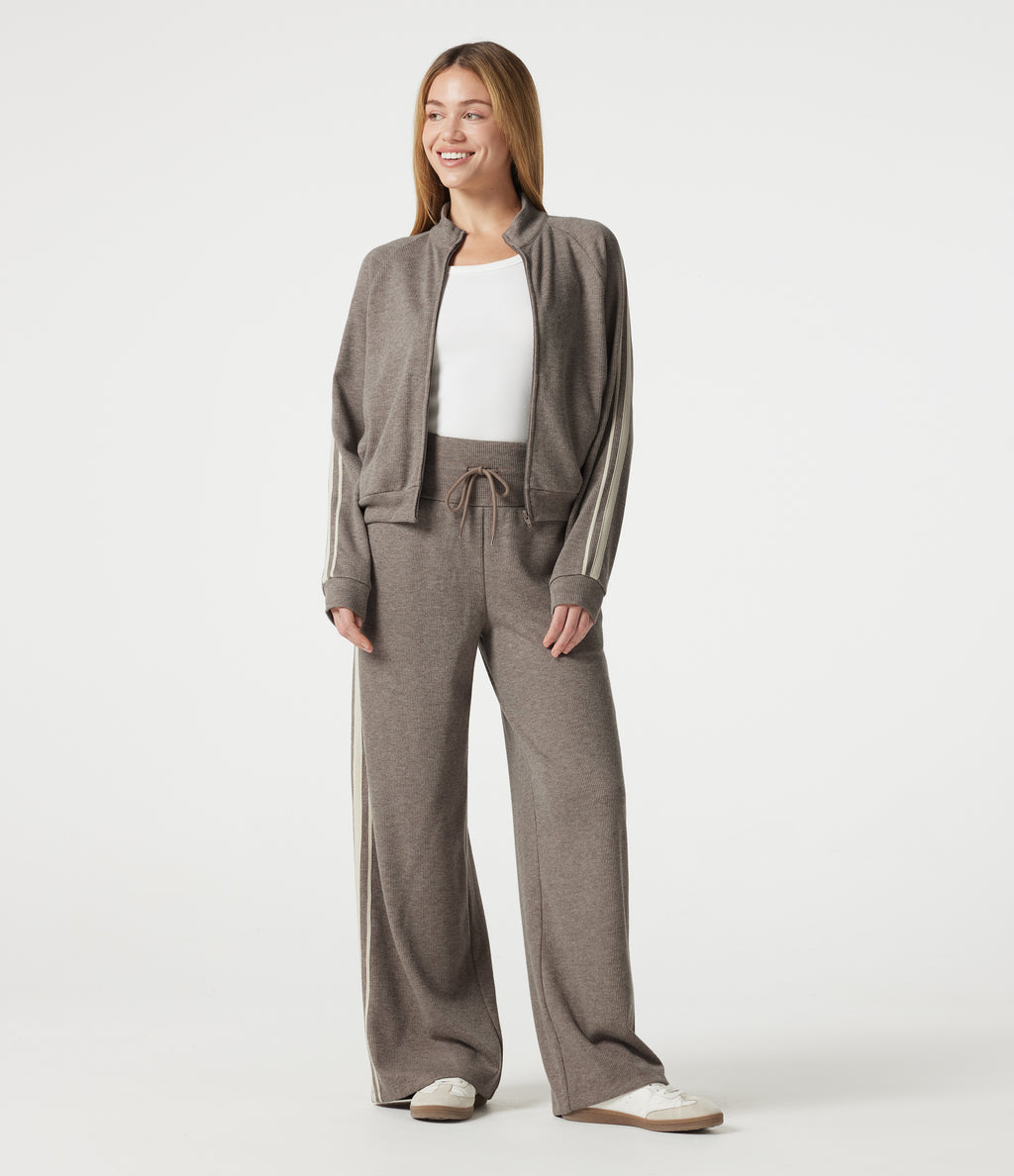 Ribbed High Waisted Tummy Control Drawstring Side Stripe Baggy Casual Trousers with Pockets — Taupe Stripe — view 6