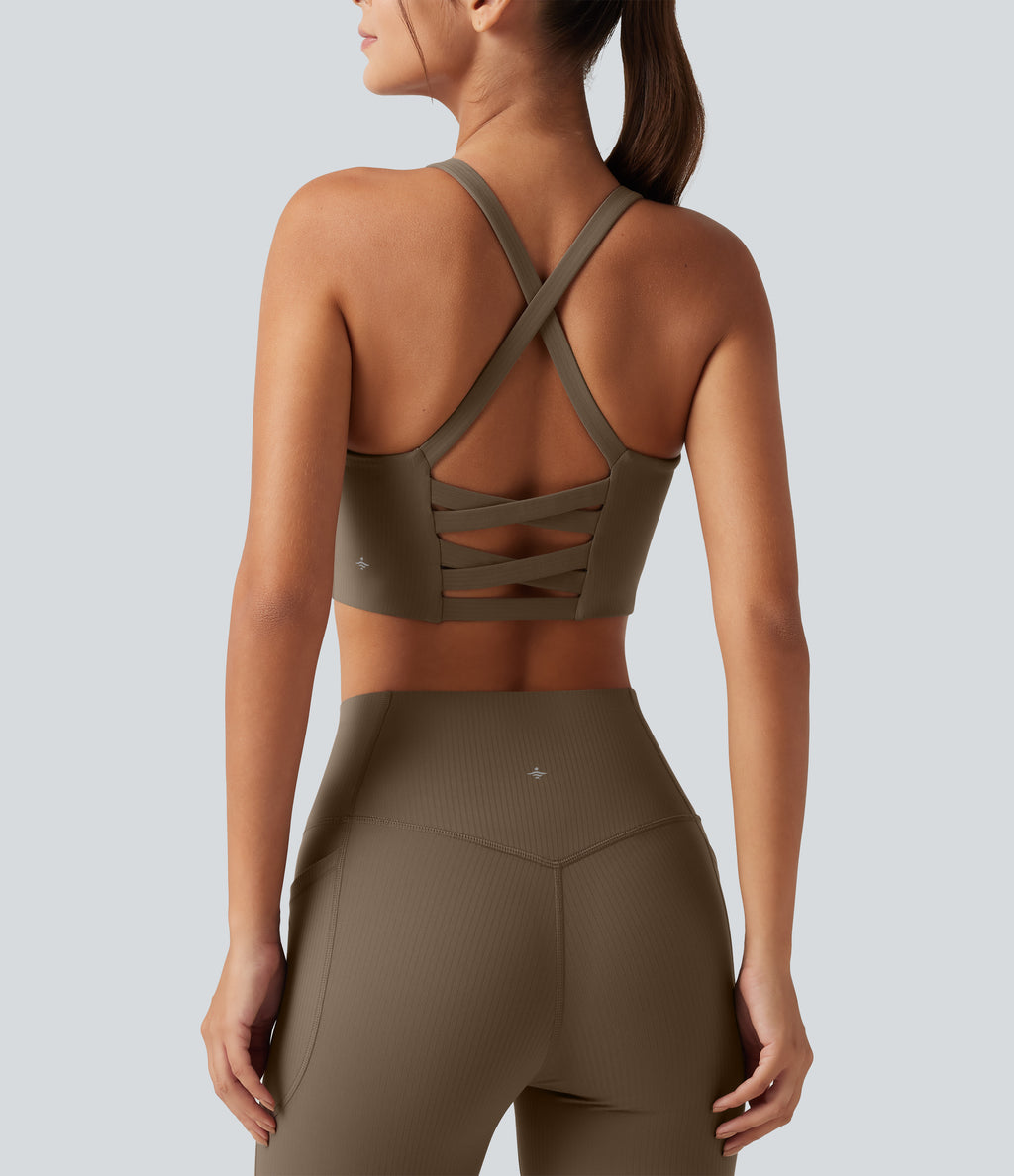 Ribbed Low Support Built-in Bra Running Sports Bra — Dawn Brown — view 5