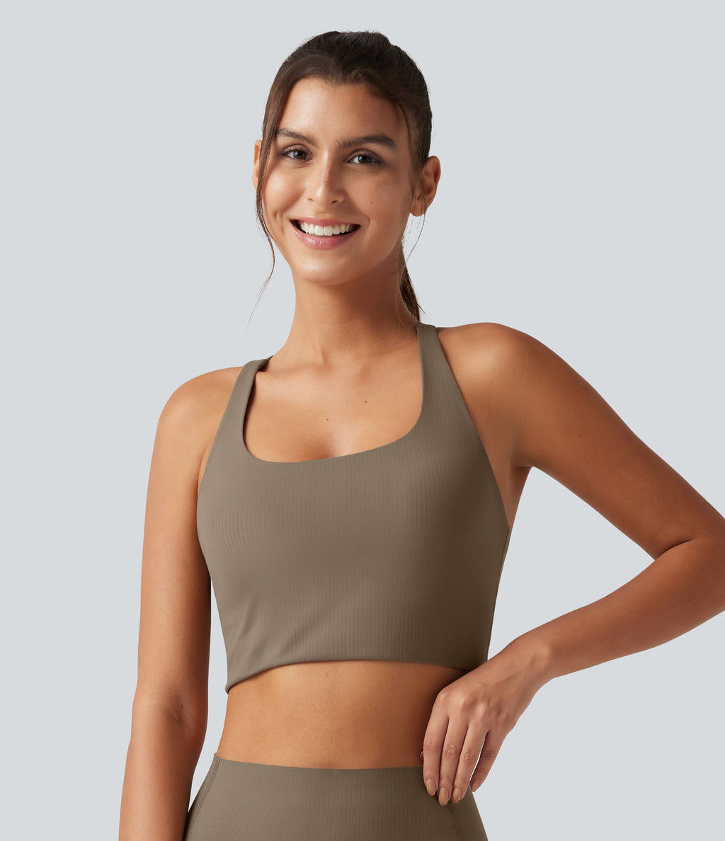 Ribbed Low Support Built-in Bra Running Sports Bra — Dawn Brown — view 3
