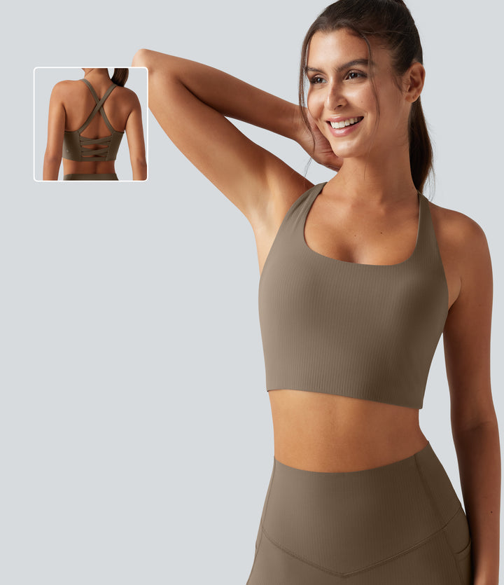 Ribbed Low Support Built-in Bra Running Sports Bra — Dawn Brown — view 1