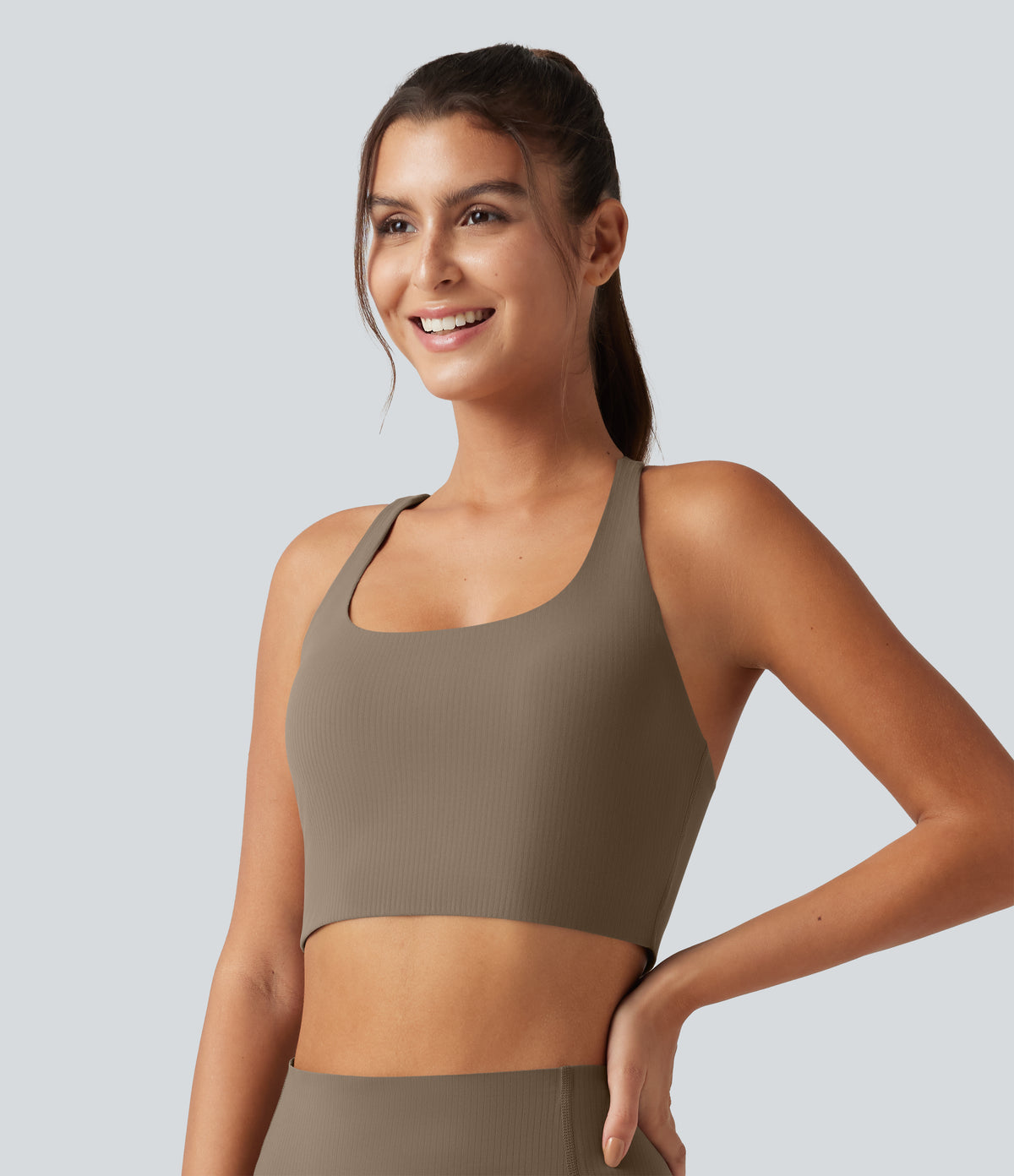 Ribbed Low Support Built-in Bra Running Sports Bra — Dawn Brown — view 4