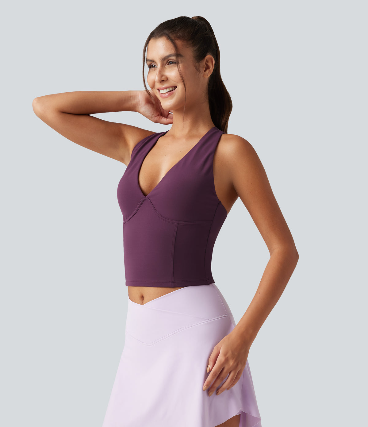 V Neck Built-in-Bra Yoga Tank Top — Italian Plum — view 3