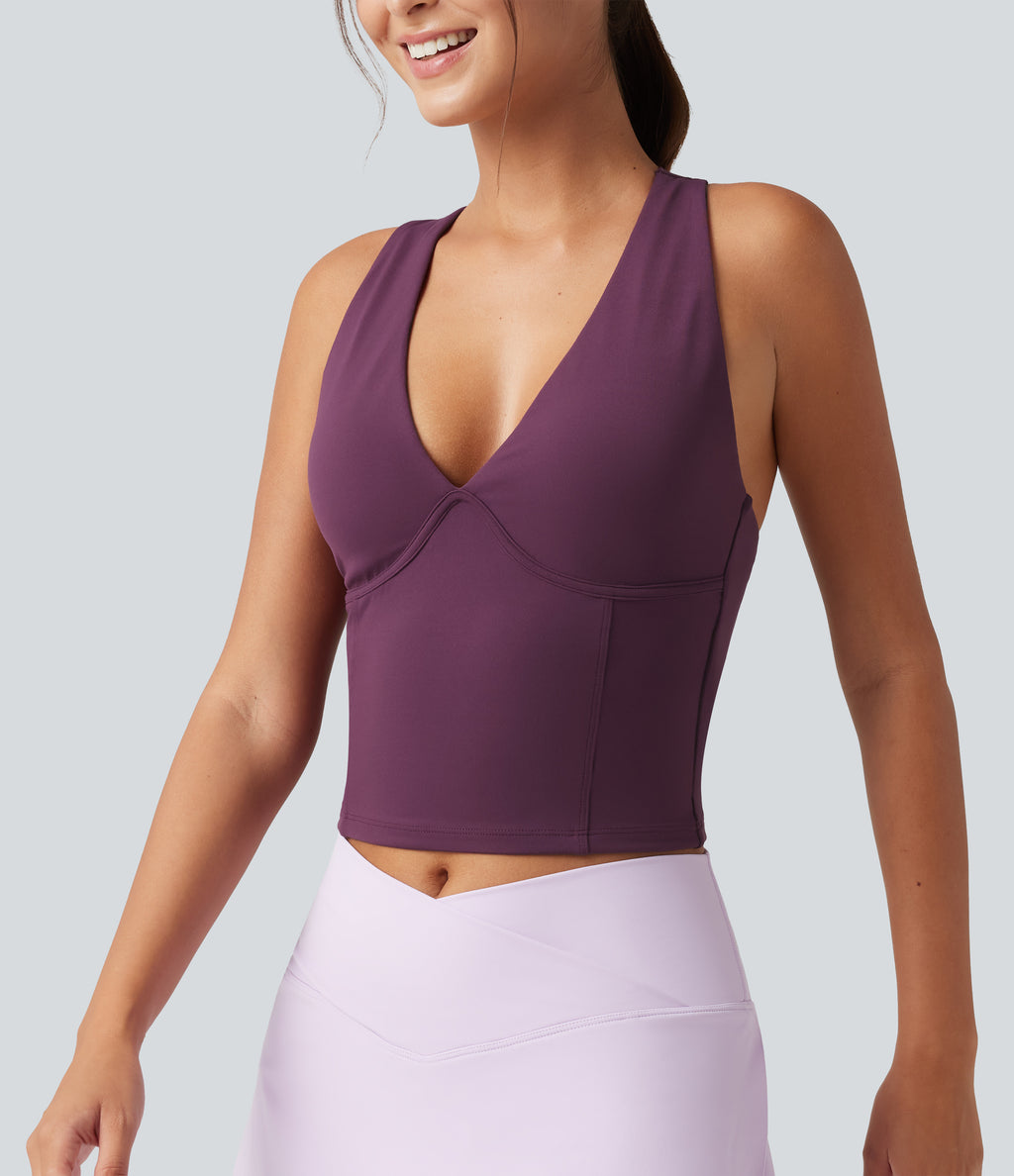 V Neck Built-in-Bra Yoga Tank Top — Italian Plum — view 6