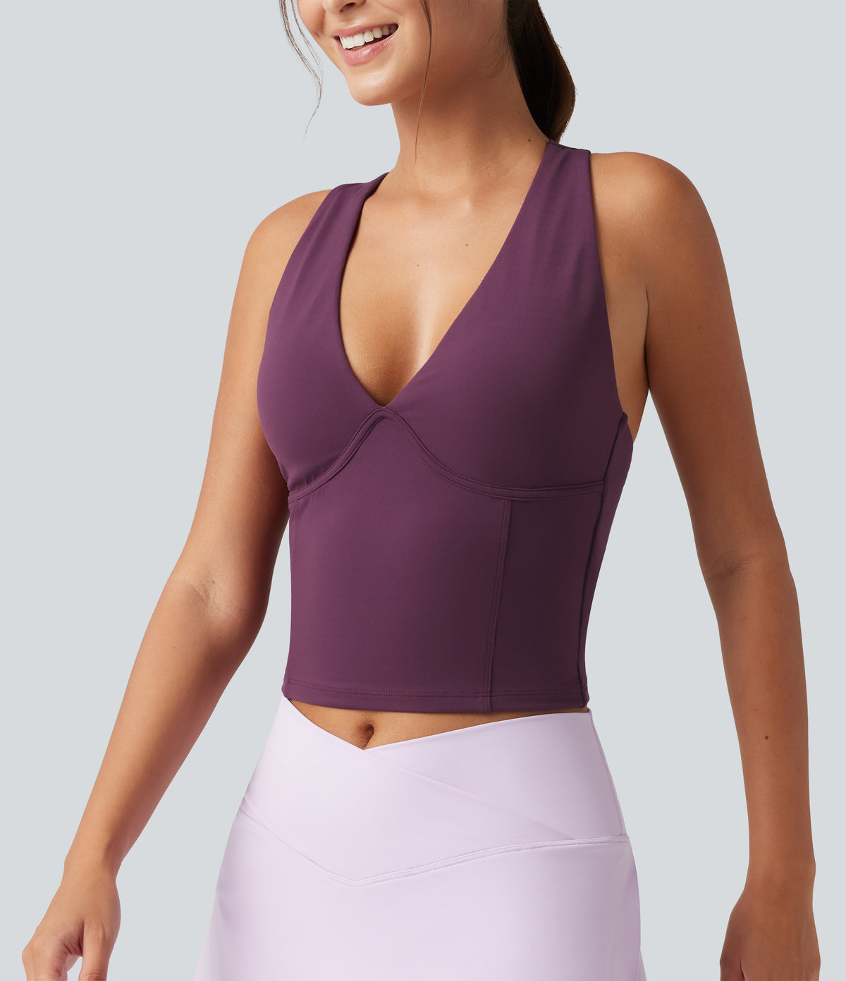 V Neck Built-in-Bra Yoga Tank Top — Italian Plum — view 6